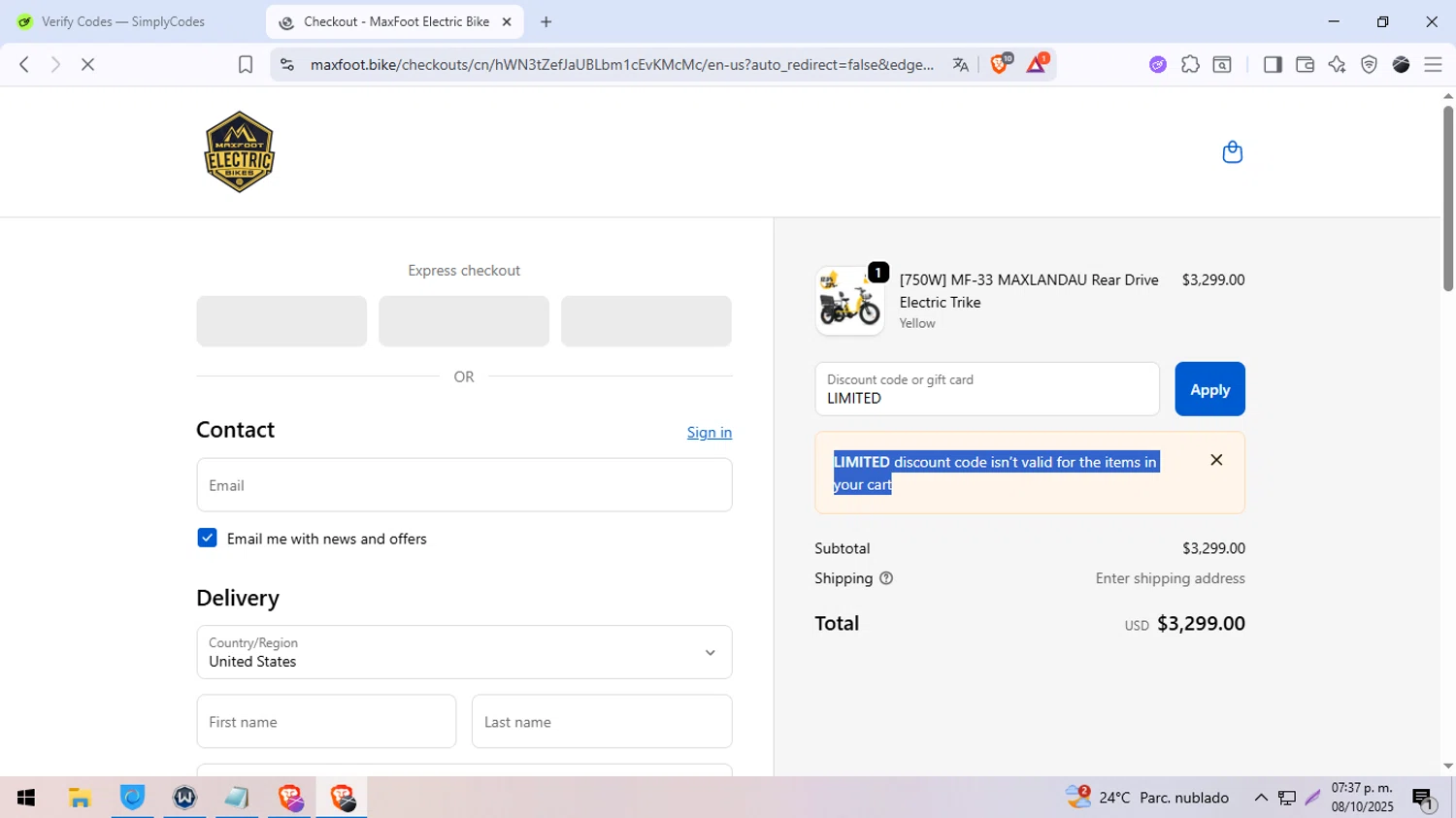 MaxFoot Electric Bike promo code screenshot showing code LIMITED applied at MaxFoot Electric Bike checkout page. Uploaded by SimplyCodes community member DiscountDefender1226 on Oct 8, 2025