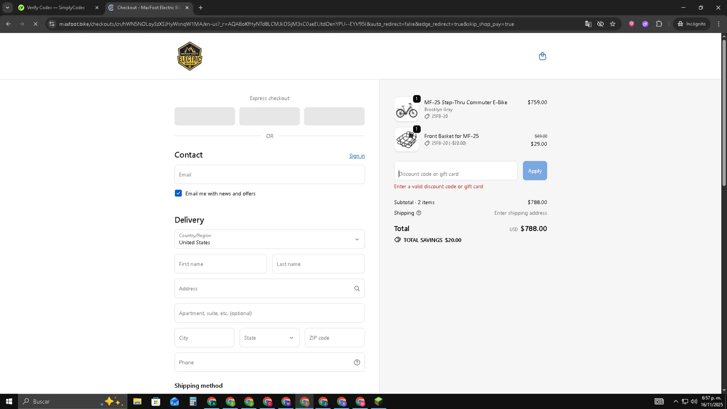 MaxFoot Electric Bike promo code screenshot showing code LIMITED applied at MaxFoot Electric Bike checkout page. Uploaded by SimplyCodes community member pequenokalvin5 on Nov 16, 2025