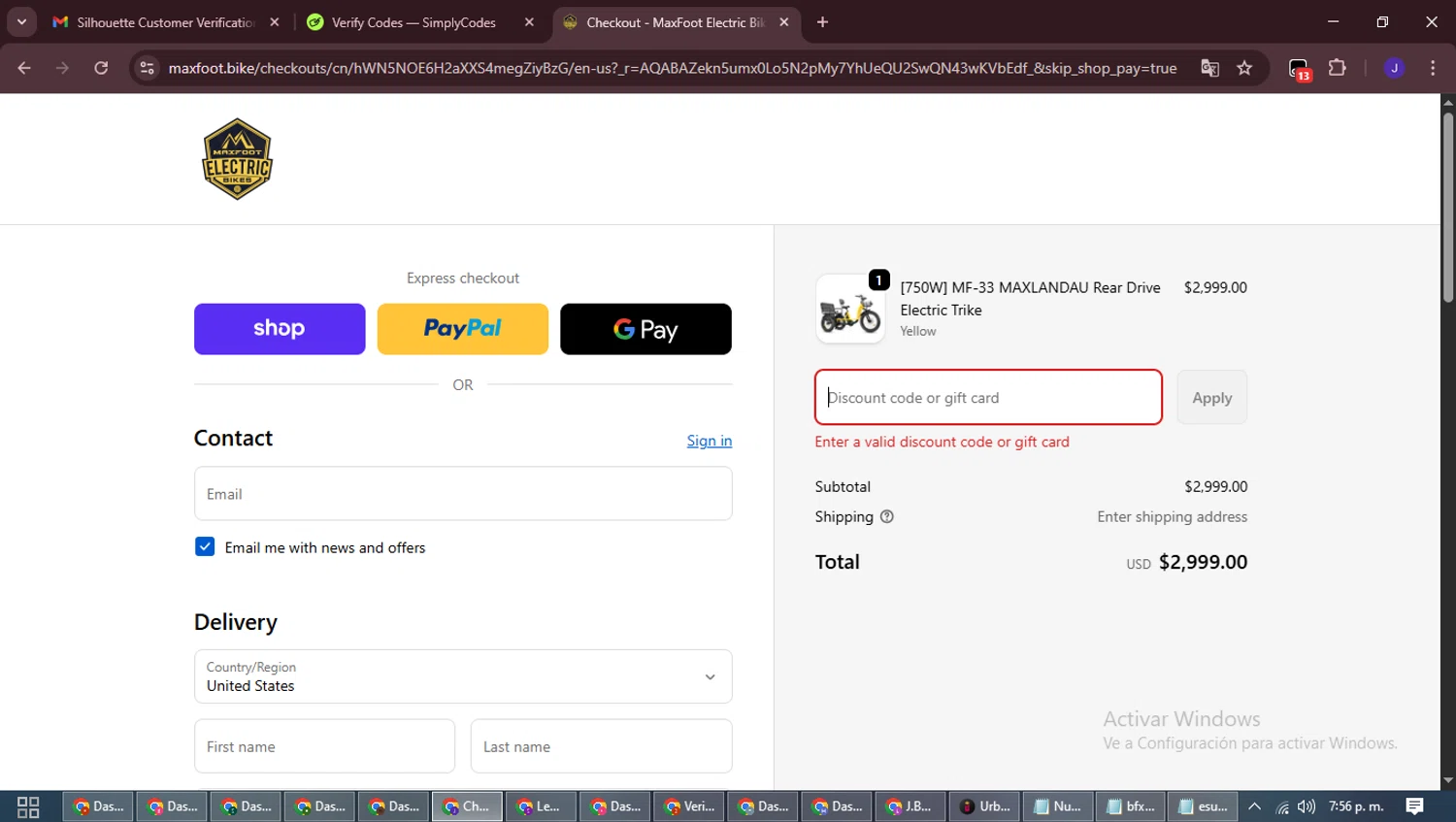 MaxFoot Electric Bike promo code screenshot showing code AFF33 applied at MaxFoot Electric Bike checkout page. Uploaded by SimplyCodes community member LegendaryLegend9872 on Nov 16, 2025
