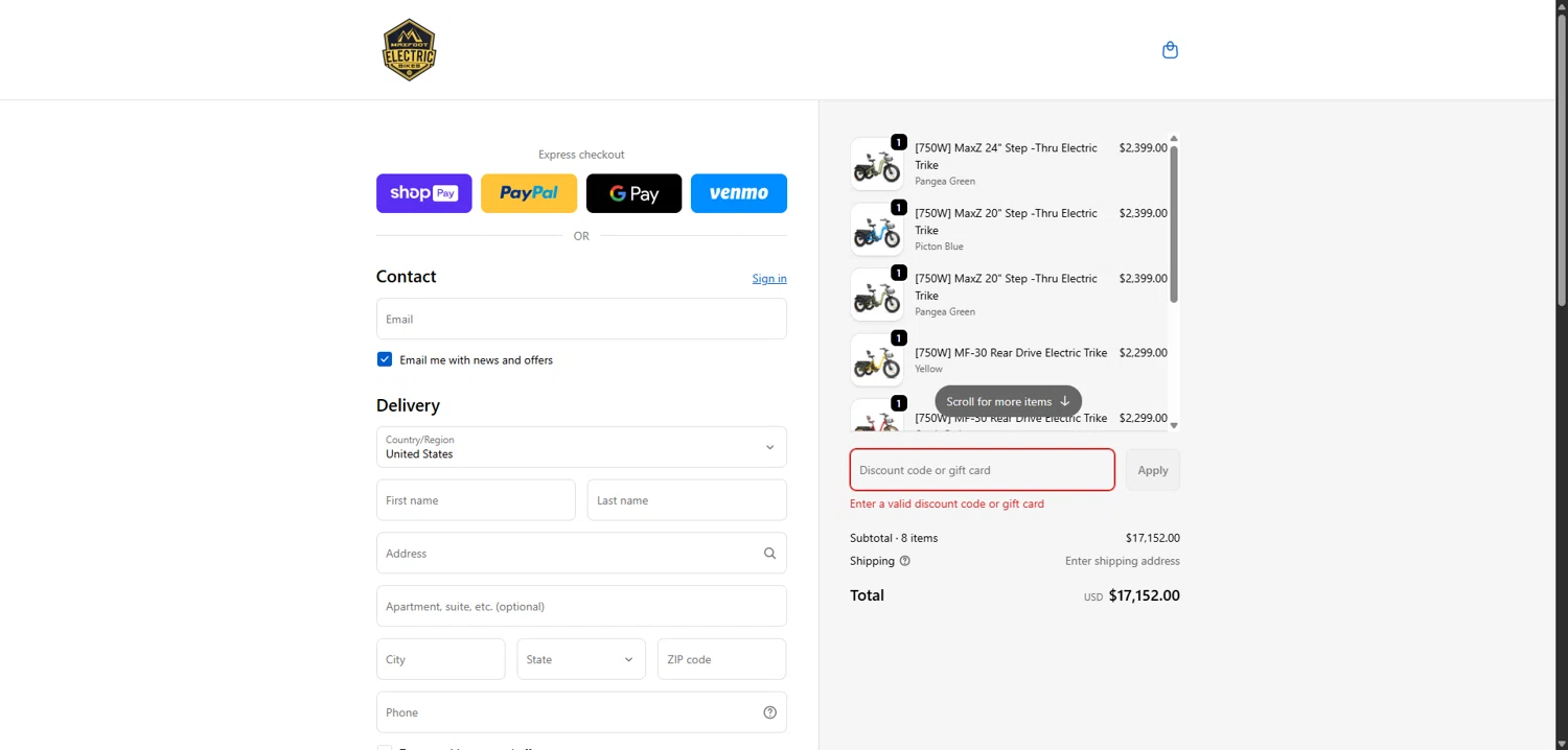MaxFoot Electric Bike promo code screenshot showing code 25FB-20 applied at MaxFoot Electric Bike checkout page. Uploaded by SimplyCodes community member TokenNavigator3088 on Jan 9, 2026