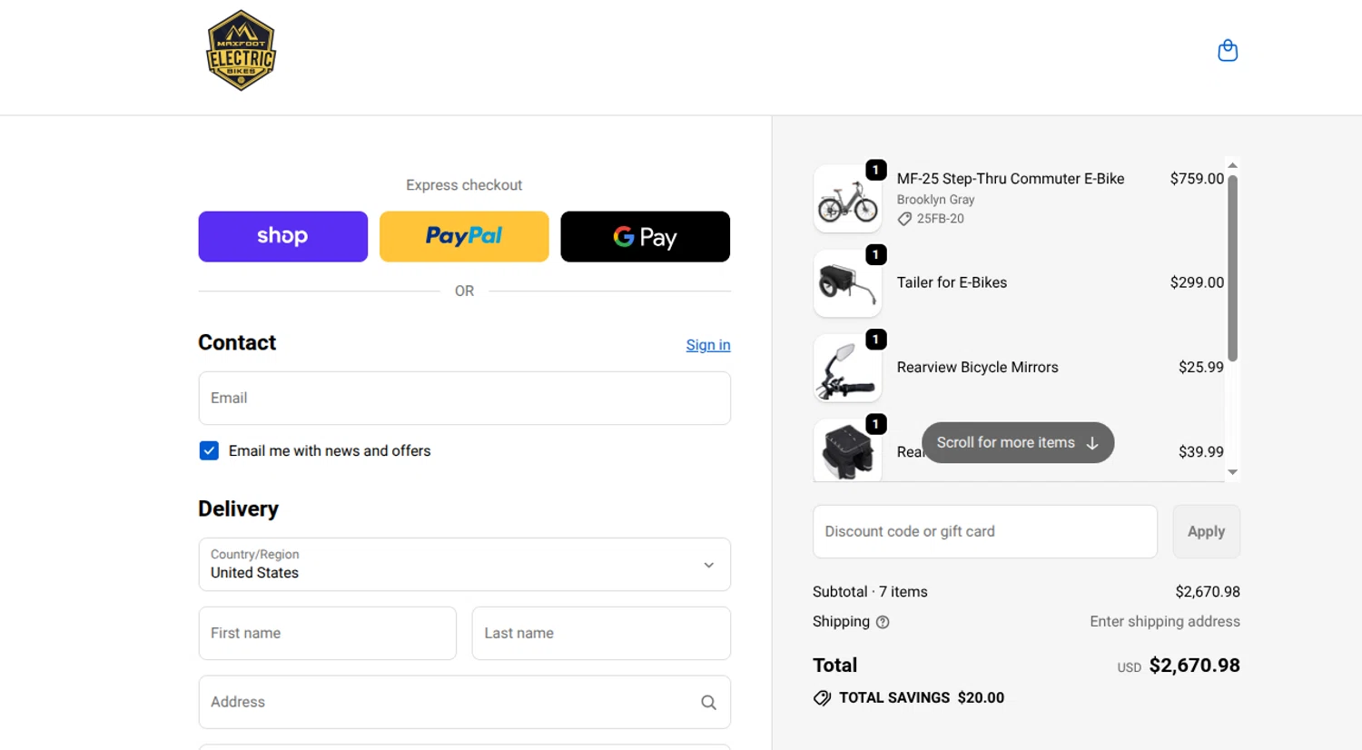 MaxFoot Electric Bike promo code screenshot showing code 25FB-20 applied at MaxFoot Electric Bike checkout page. Uploaded by SimplyCodes community member reimalave10 on Jan 4, 2026