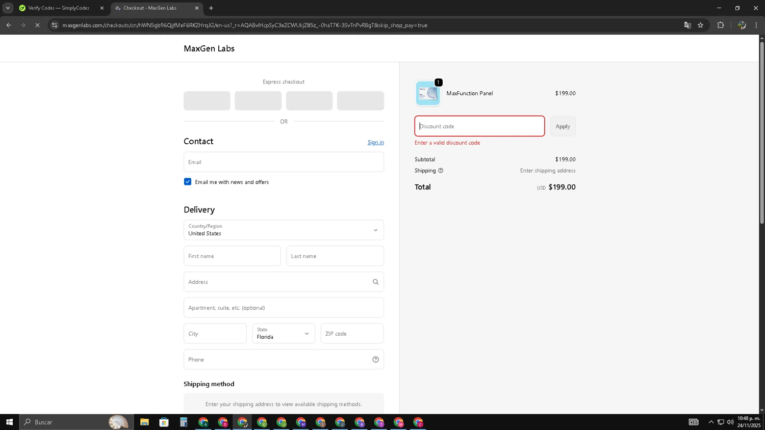 MaxGen Labs discount code screenshot showing code TRUTHMOMS applied at MaxGen Labs checkout page. Uploaded by SimplyCodes community member LegendaryTitan3375 on Nov 25, 2025