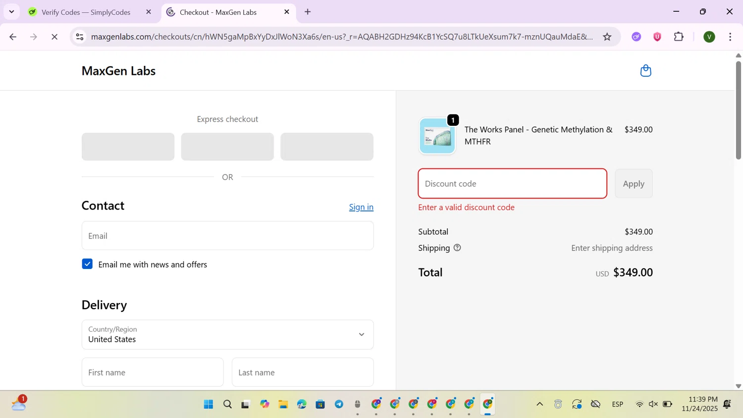 MaxGen Labs discount code screenshot showing code FARMERSTRENGTH applied at MaxGen Labs checkout page. Uploaded by SimplyCodes community member GloriousExpert4976 on Nov 25, 2025
