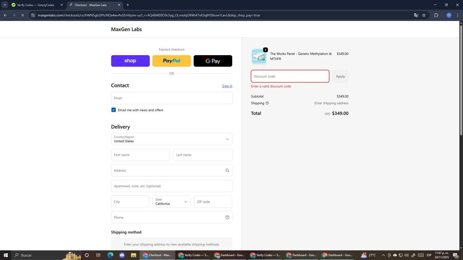 MaxGen Labs discount code screenshot showing code FARMERSTRENGTH applied at MaxGen Labs checkout page. Uploaded by SimplyCodes community member RoyalExpert3857 on Nov 25, 2025