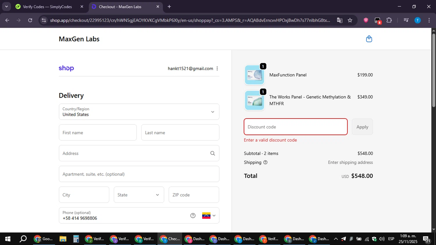 MaxGen Labs discount code screenshot showing code FARMERSTRENGTH applied at MaxGen Labs checkout page. Uploaded by SimplyCodes community member hankt1521 on Nov 25, 2025