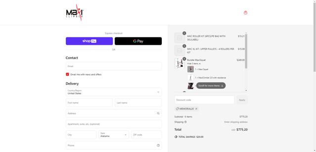 MaxiClimber checkout page showing MaxiClimber discount code box | Screenshot taken by SimplyCodes community member on May 22, 2025