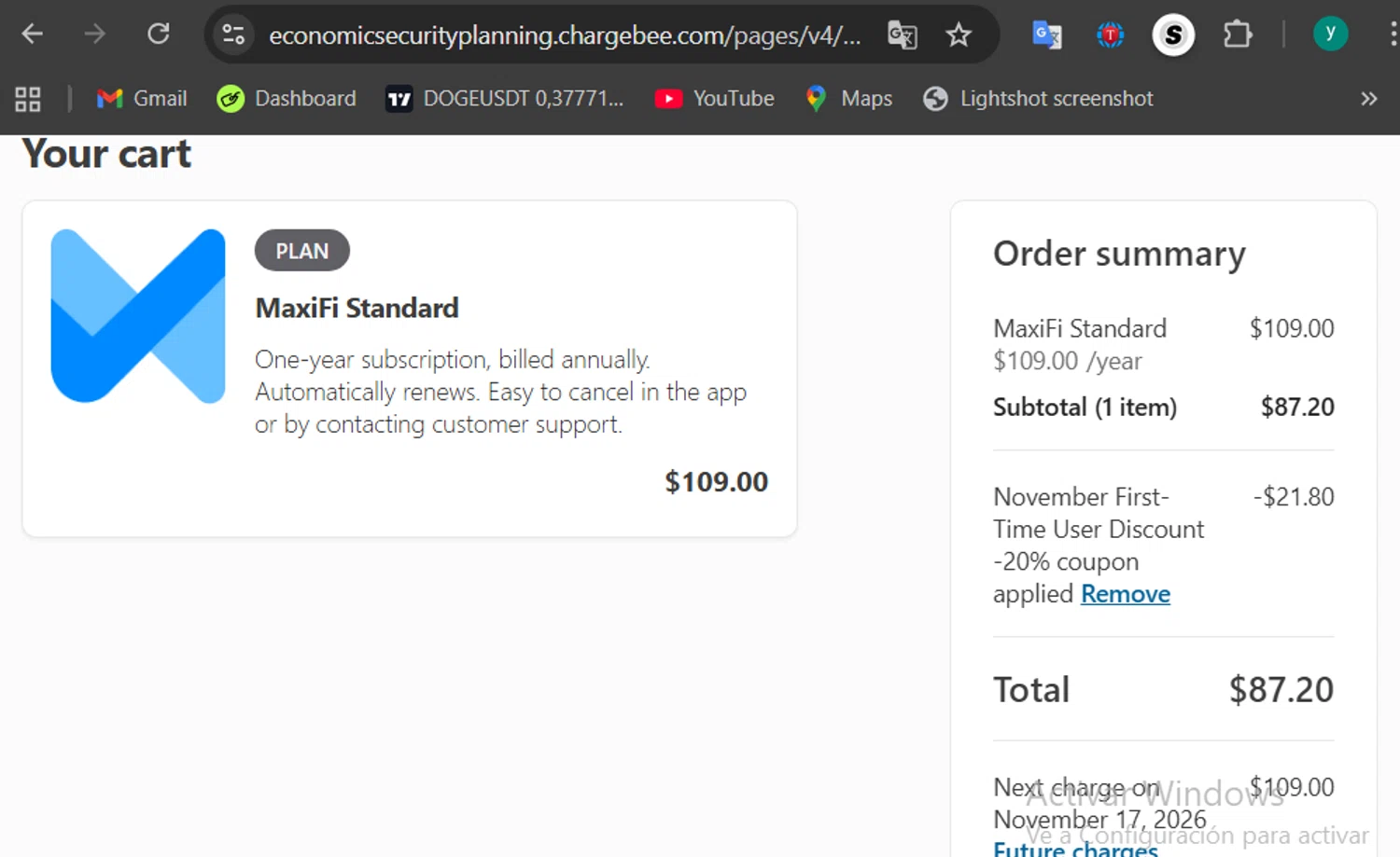 MaxiFi Planner coupon code screenshot showing code BFCM2025 applied at MaxiFi Planner checkout page. Uploaded by SimplyCodes community member 502312 on Nov 17, 2025