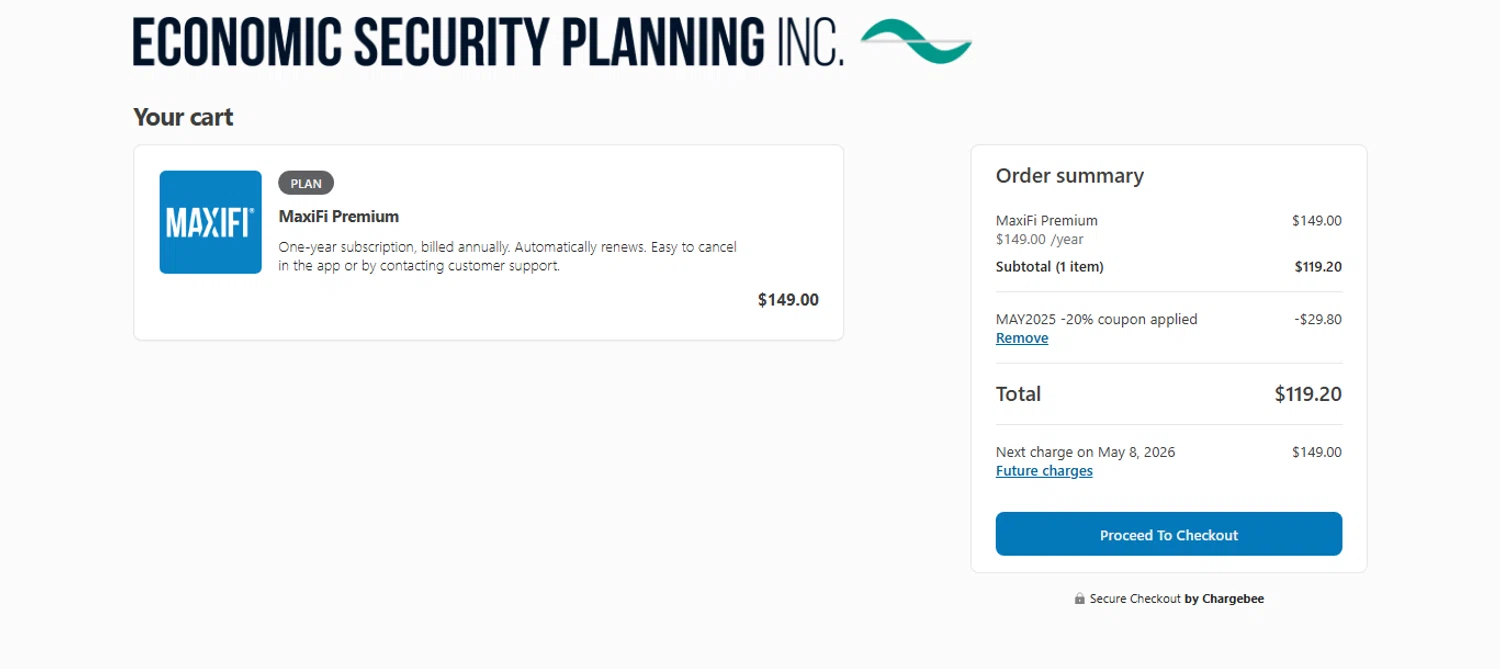 MaxiFi Planner coupon code screenshot showing code MAY2025 applied at MaxiFi Planner checkout page. Uploaded by SimplyCodes community member ESTHER3121 on May 9, 2025