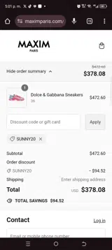 Sunny20 coupon verification screenshot