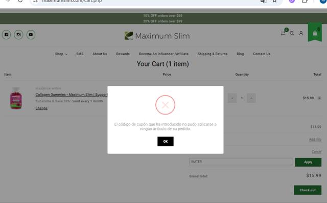 Maximum Slim checkout page showing Maximum Slim coupon code box | Screenshot taken by SimplyCodes community member on Aug 16, 2025