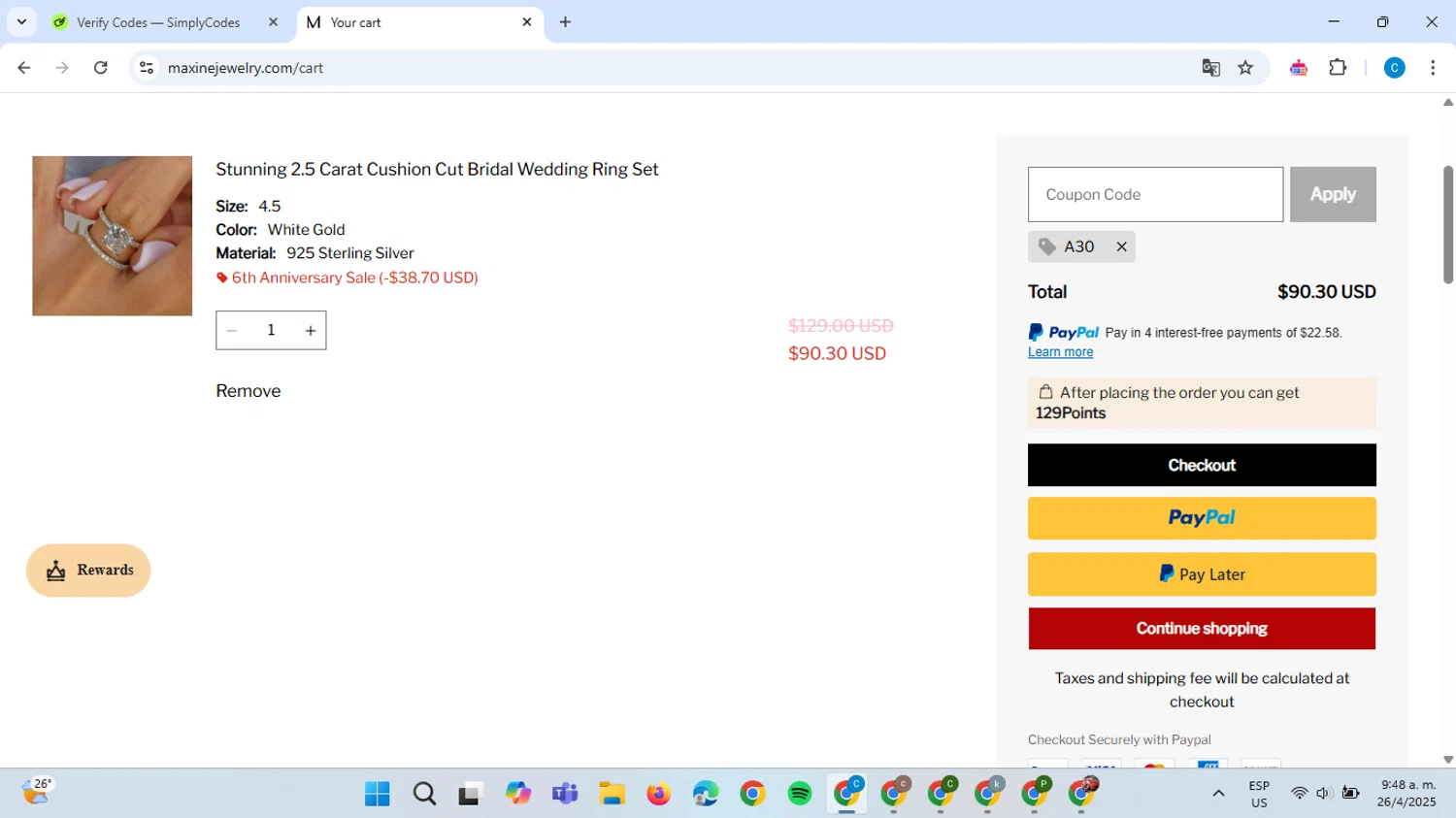 Maxine Jewelry coupon code screenshot showing code A30 applied at Maxine Jewelry checkout page. Uploaded by SimplyCodes community member ScanAce2966 on Apr 26, 2025