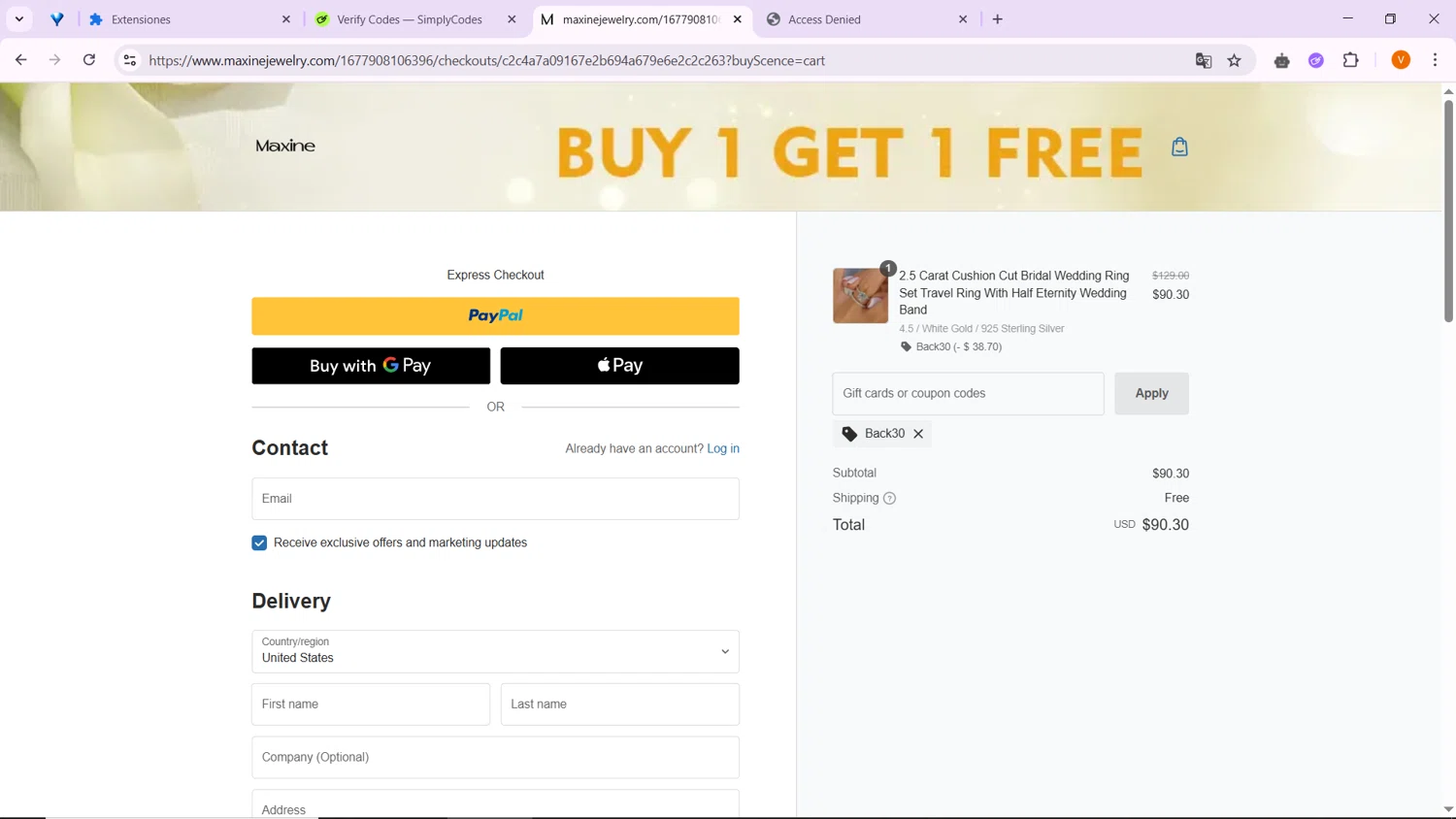 Maxine Jewelry coupon code screenshot showing code back30 applied at Maxine Jewelry checkout page. Uploaded by SimplyCodes community member VoucherShopper4674 on May 24, 2025