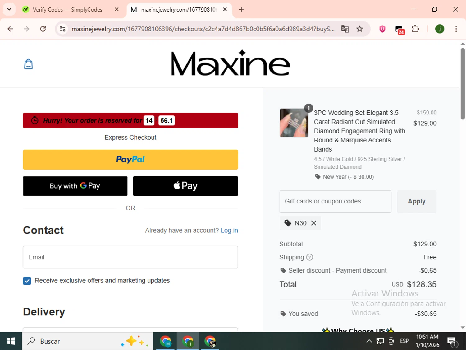 Maxine Jewelry coupon code screenshot showing code N30 applied at Maxine Jewelry checkout page. Uploaded by SimplyCodes community member SavingsCollector2592 on Jan 10, 2026