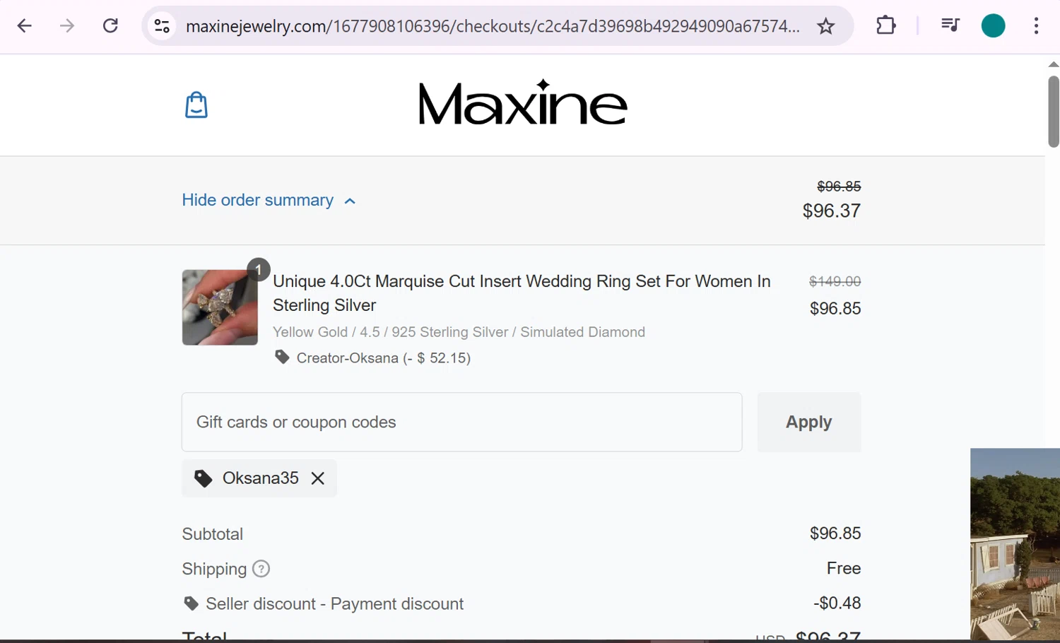 Maxine Jewelry coupon code screenshot showing code Oksana35 applied at Maxine Jewelry checkout page. Uploaded by SimplyCodes community member anosesmith on Jan 7, 2026