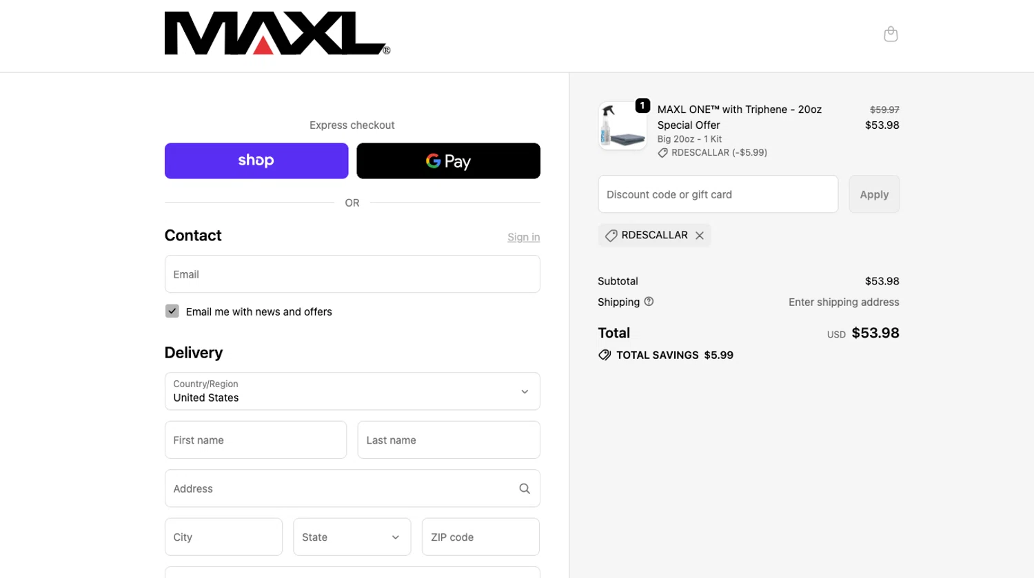 MAXL® promo code screenshot showing code RDESCALLAR applied at MAXL® checkout page. Uploaded by SimplyCodes community member ELOIN777 on May 29, 2026