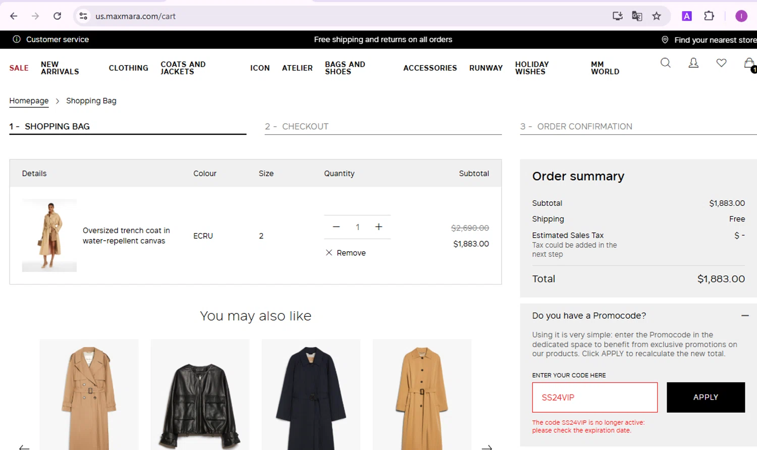 Max Mara promo code screenshot showing code SS24VIP applied at Max Mara checkout page. Uploaded by SimplyCodes community member BudgetElite1200 on Dec 27, 2024
