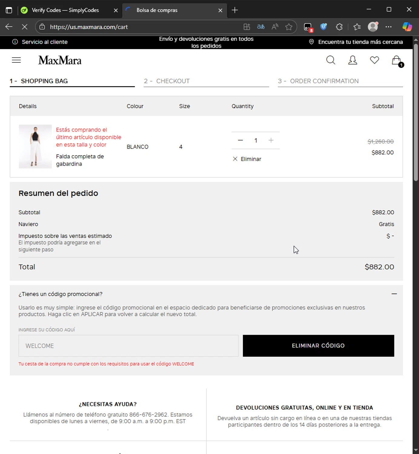 Max Mara promo code screenshot showing code WELCOME applied at Max Mara checkout page. Uploaded by SimplyCodes community member CleverAce742 on Aug 29, 2025