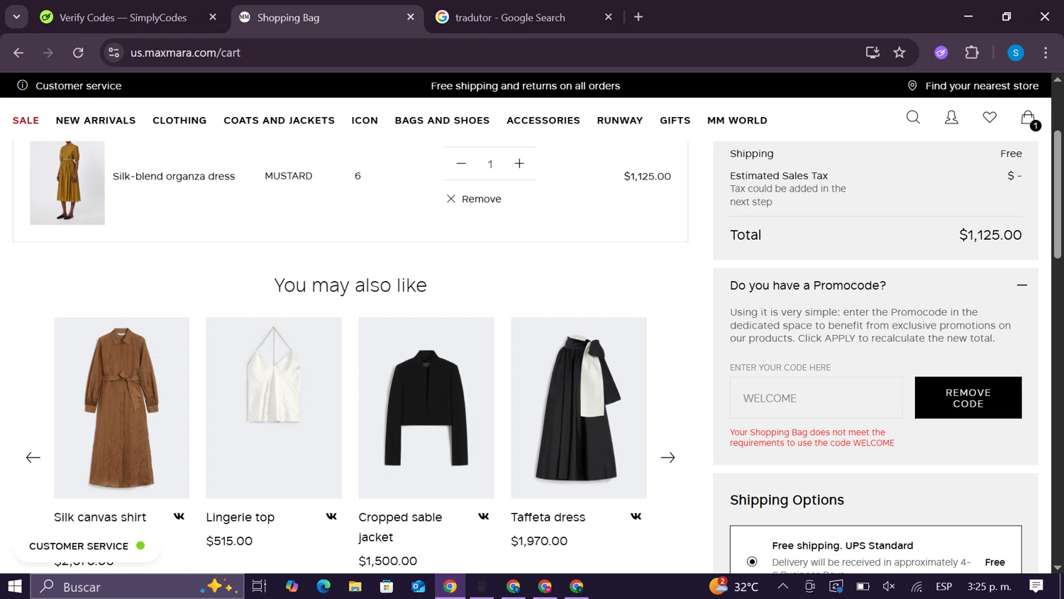 Max Mara checkout page showing Max Mara promo code box | Screenshot taken by SimplyCodes community member on Jul 11, 2025