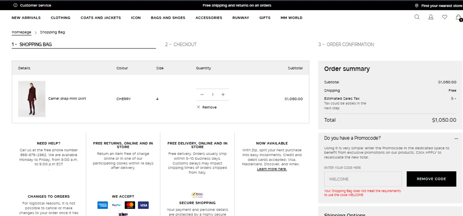Max Mara promo code screenshot showing code WELCOME applied at Max Mara checkout page. Uploaded by SimplyCodes community member Diaz22 on Sep 27, 2025