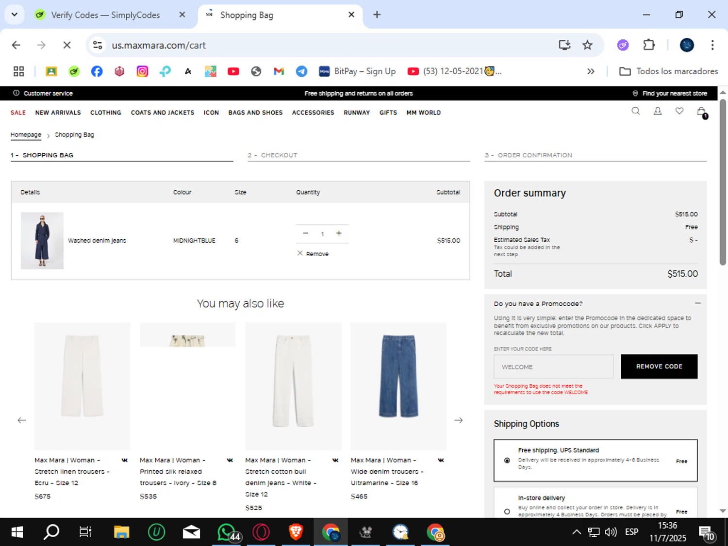 Max Mara checkout page showing Max Mara promo code box | Screenshot taken by SimplyCodes community member on Jul 11, 2025
