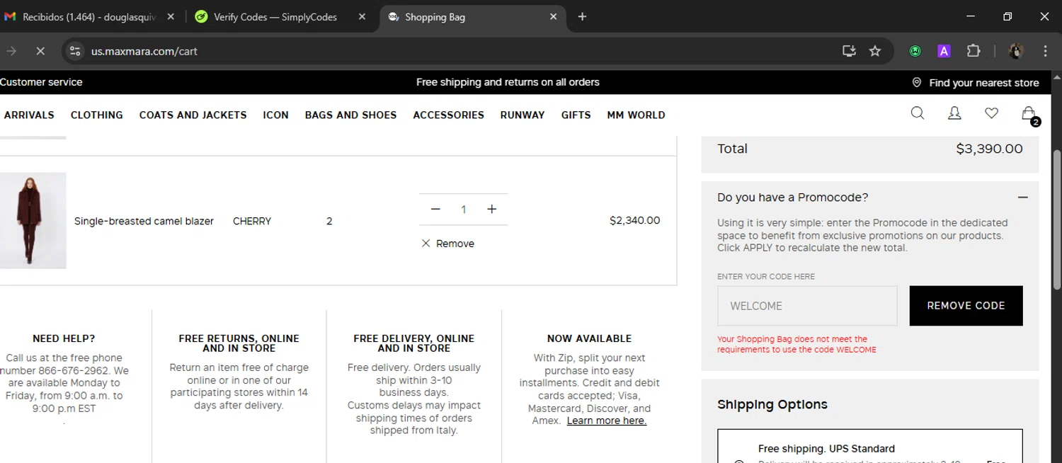 Max Mara promo code screenshot showing code WELCOME applied at Max Mara checkout page. Uploaded by SimplyCodes community member WiseLegend5590 on Sep 27, 2025