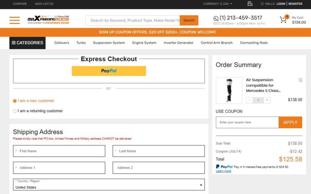 MaXpeedingRods checkout page showing MaXpeedingRods discount code box | Screenshot taken by SimplyCodes community member on Aug 12, 2025