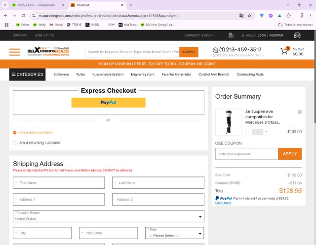 MaXpeedingRods checkout page showing MaXpeedingRods discount code box | Screenshot taken by SimplyCodes community member on Aug 14, 2025
