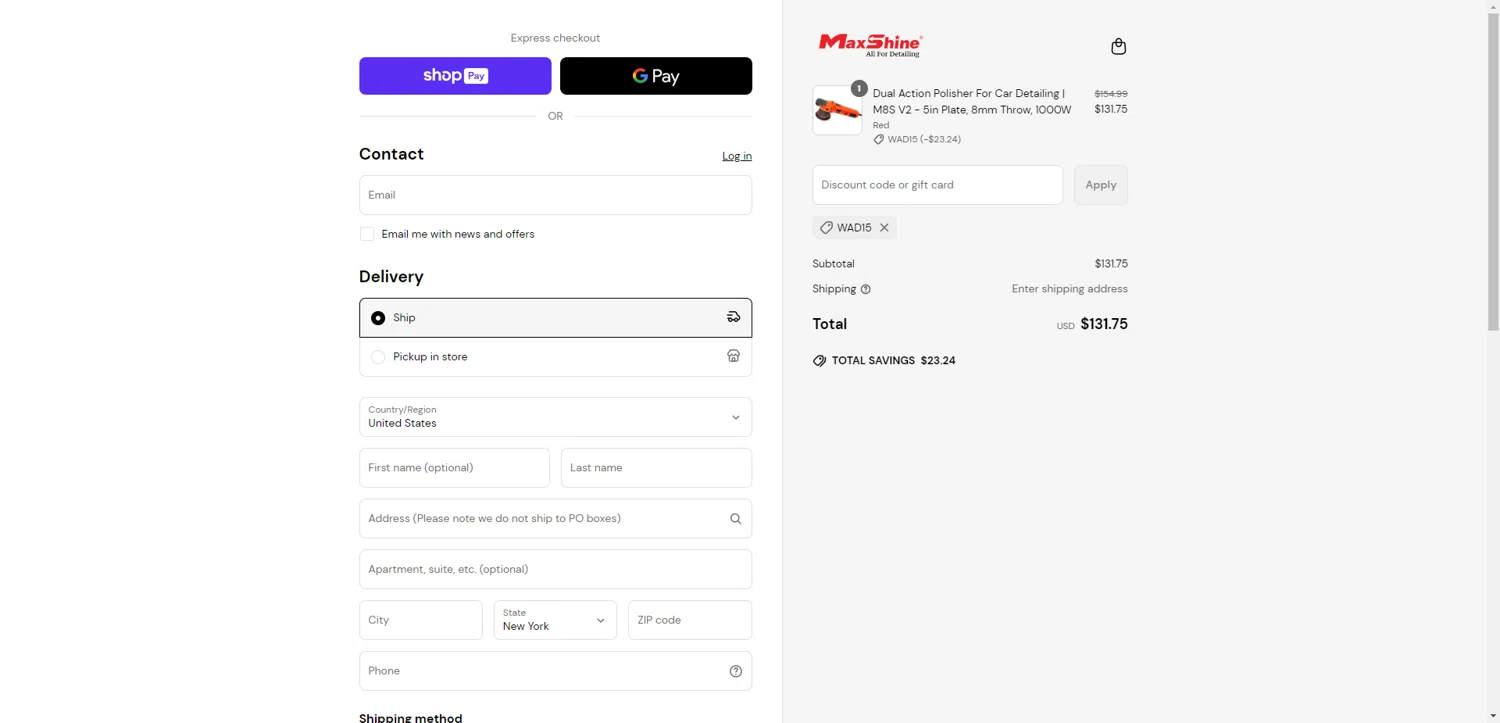 Maxshine discount code screenshot showing code WAD15 applied at Maxshine checkout page. Uploaded by SimplyCodes community member PennyRanger8219 on Jun 26, 2025