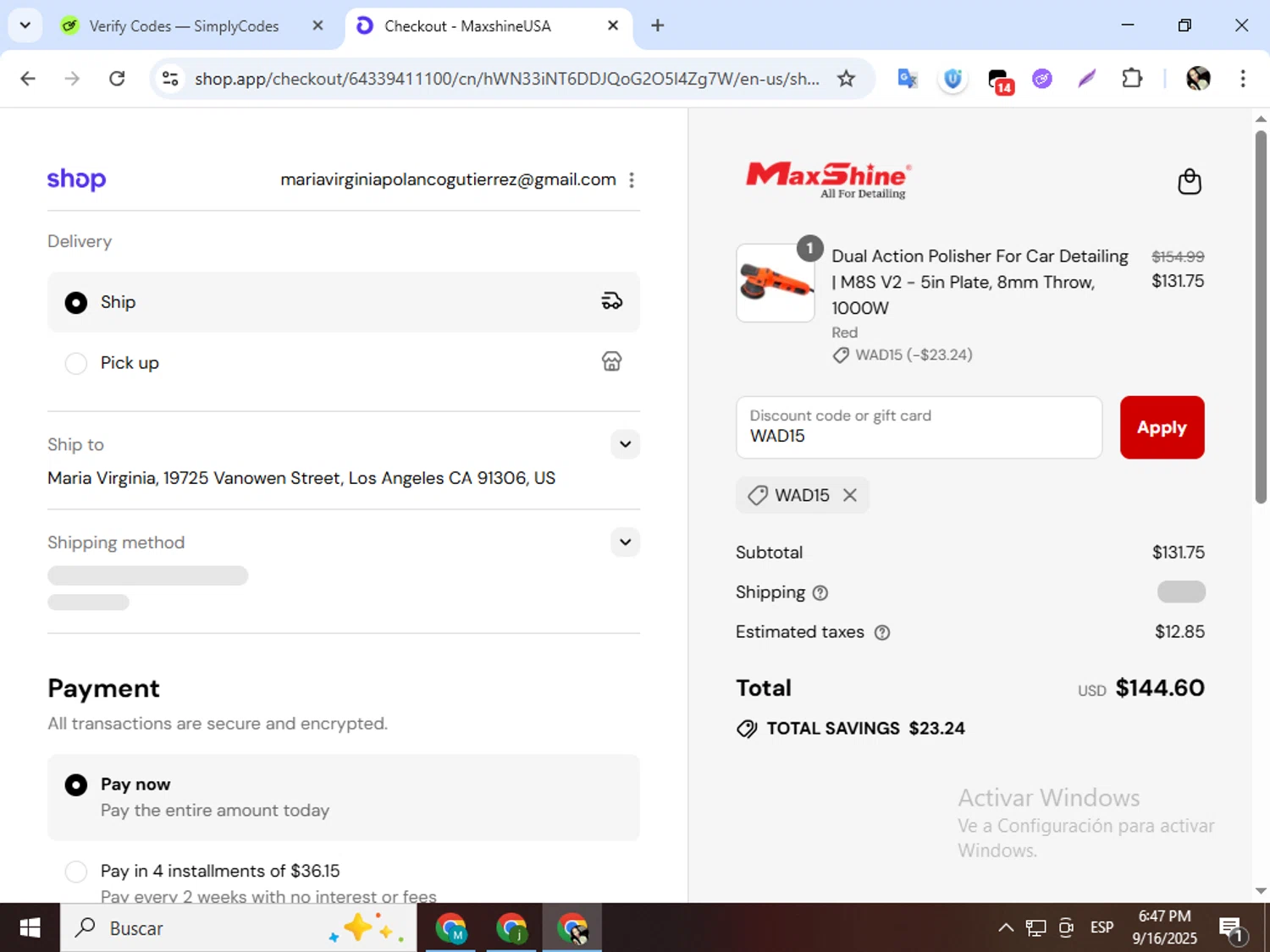 Maxshine discount code screenshot showing code WAD15 applied at Maxshine checkout page. Uploaded by SimplyCodes community member mariapolancog on Sep 16, 2025