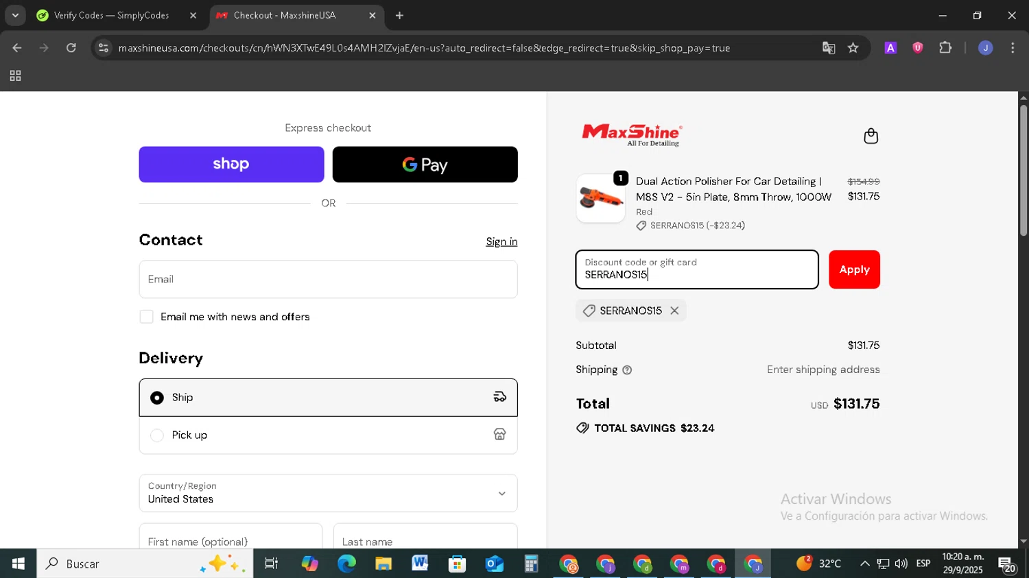 Maxshine discount code screenshot showing code SERRANOS15 applied at Maxshine checkout page. Uploaded by SimplyCodes community member EpicSage3474 on Sep 29, 2025