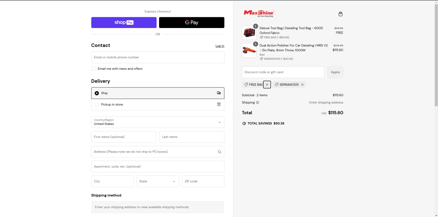Maxshine discount code screenshot showing code SERRANOS15 applied at Maxshine checkout page. Uploaded by SimplyCodes community member EpicTitan8654 on Feb 12, 2025