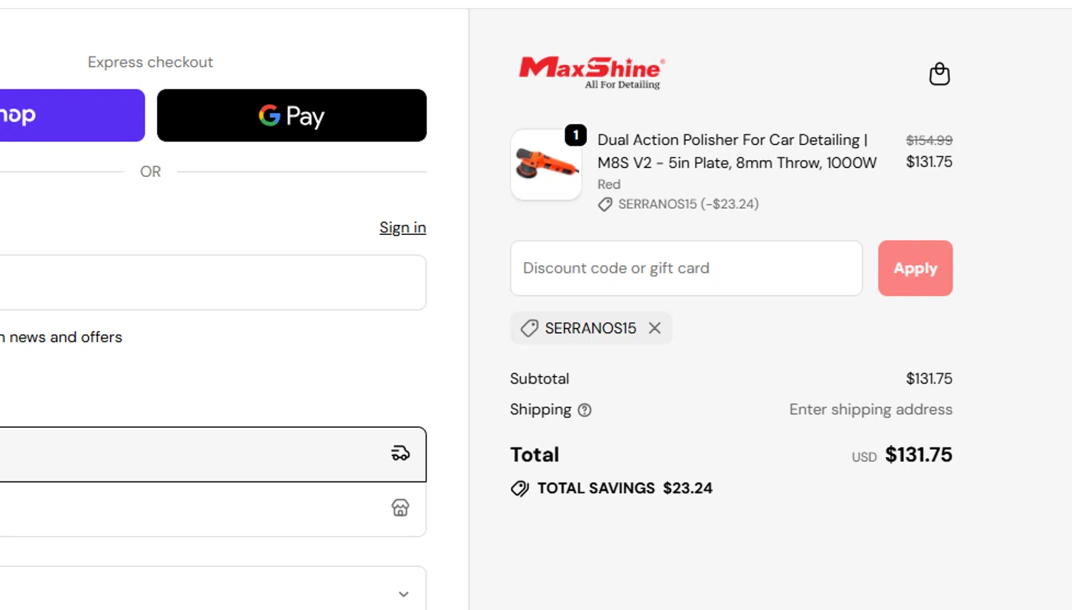 Maxshine discount code screenshot showing code SERRANOS15 applied at Maxshine checkout page. Uploaded by SimplyCodes community member yeresojperez on Oct 11, 2025