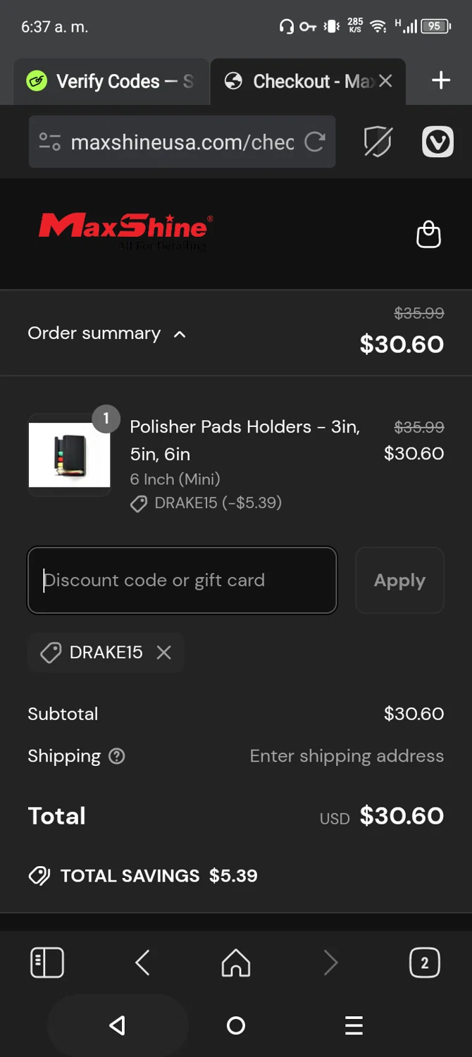 Maxshine discount code screenshot showing code DRAKE15 applied at Maxshine checkout page. Uploaded by SimplyCodes community member CarmenVGR on Mar 27, 2025