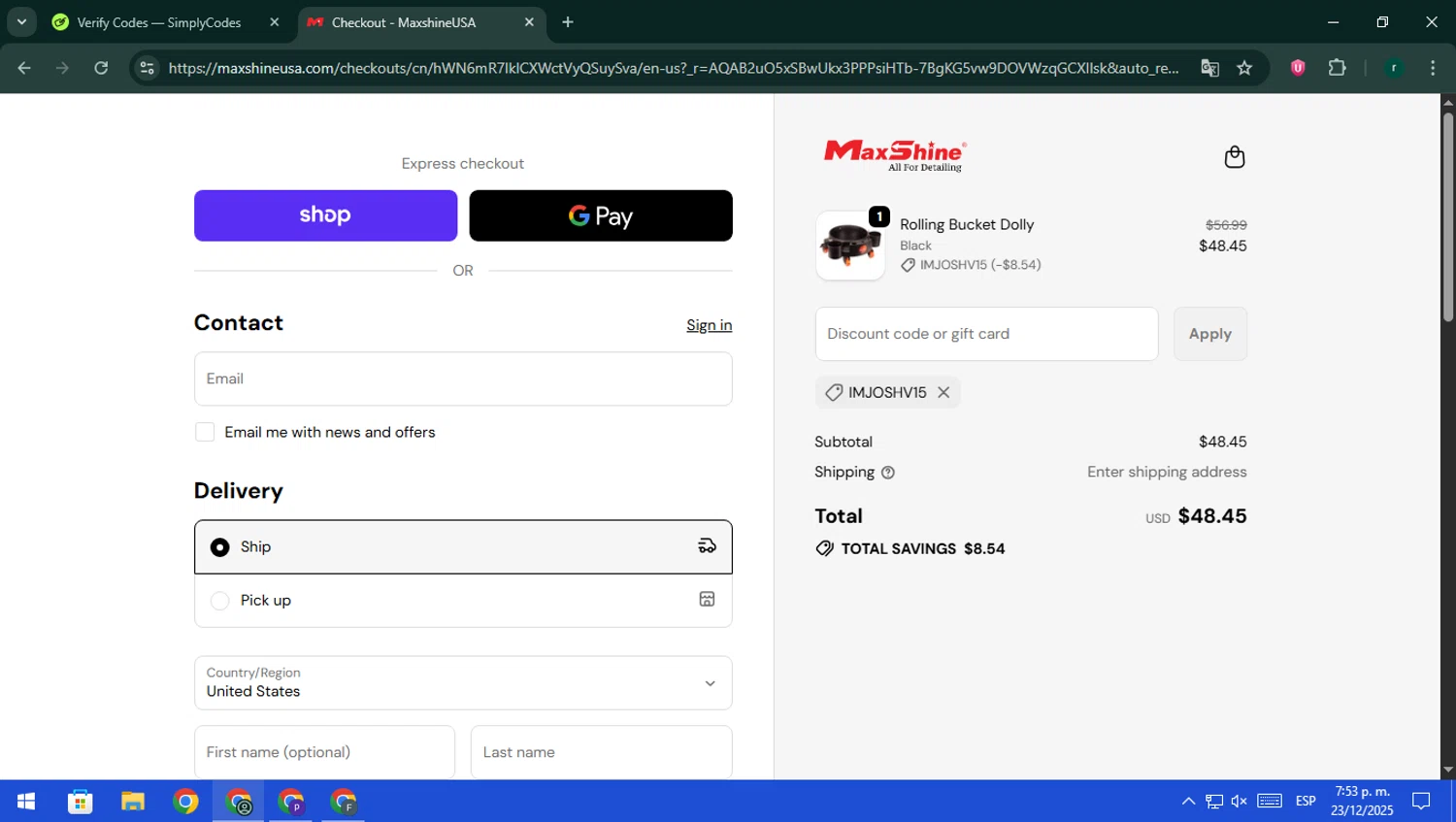Maxshine discount code screenshot showing code IMJOSHV15 applied at Maxshine checkout page. Uploaded by SimplyCodes community member rodri1 on Dec 23, 2025