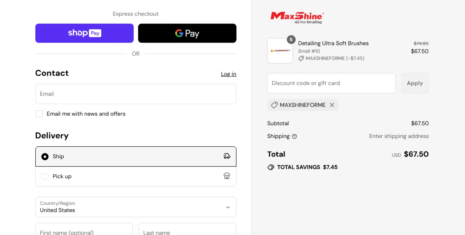 Maxshine discount code screenshot showing code Maxshineforme applied at Maxshine checkout page. Uploaded by SimplyCodes community member widdyto on Aug 23, 2025