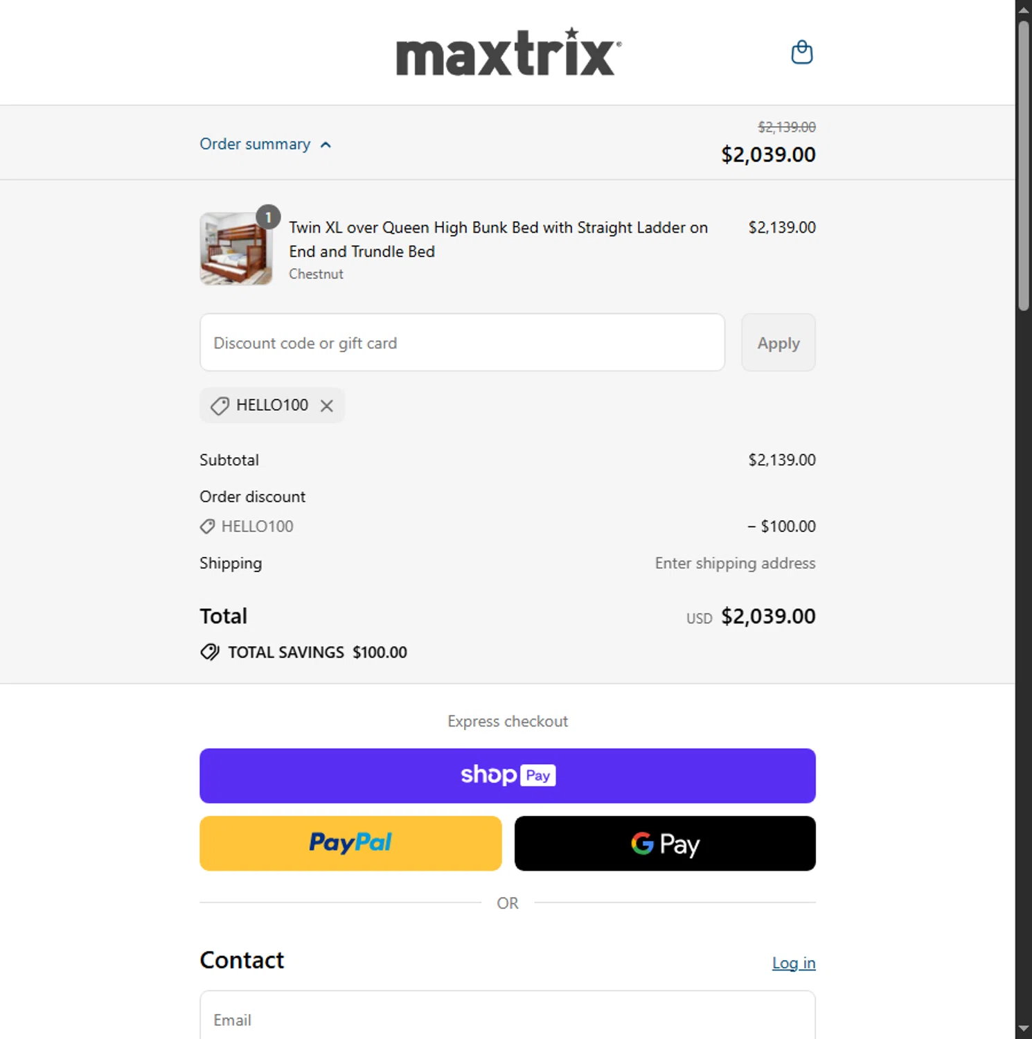 Maxtrix Furniture discount code screenshot showing code HELLO100 applied at Maxtrix Furniture checkout page. Uploaded by SimplyCodes community member Beaaalmera on Aug 5, 2025