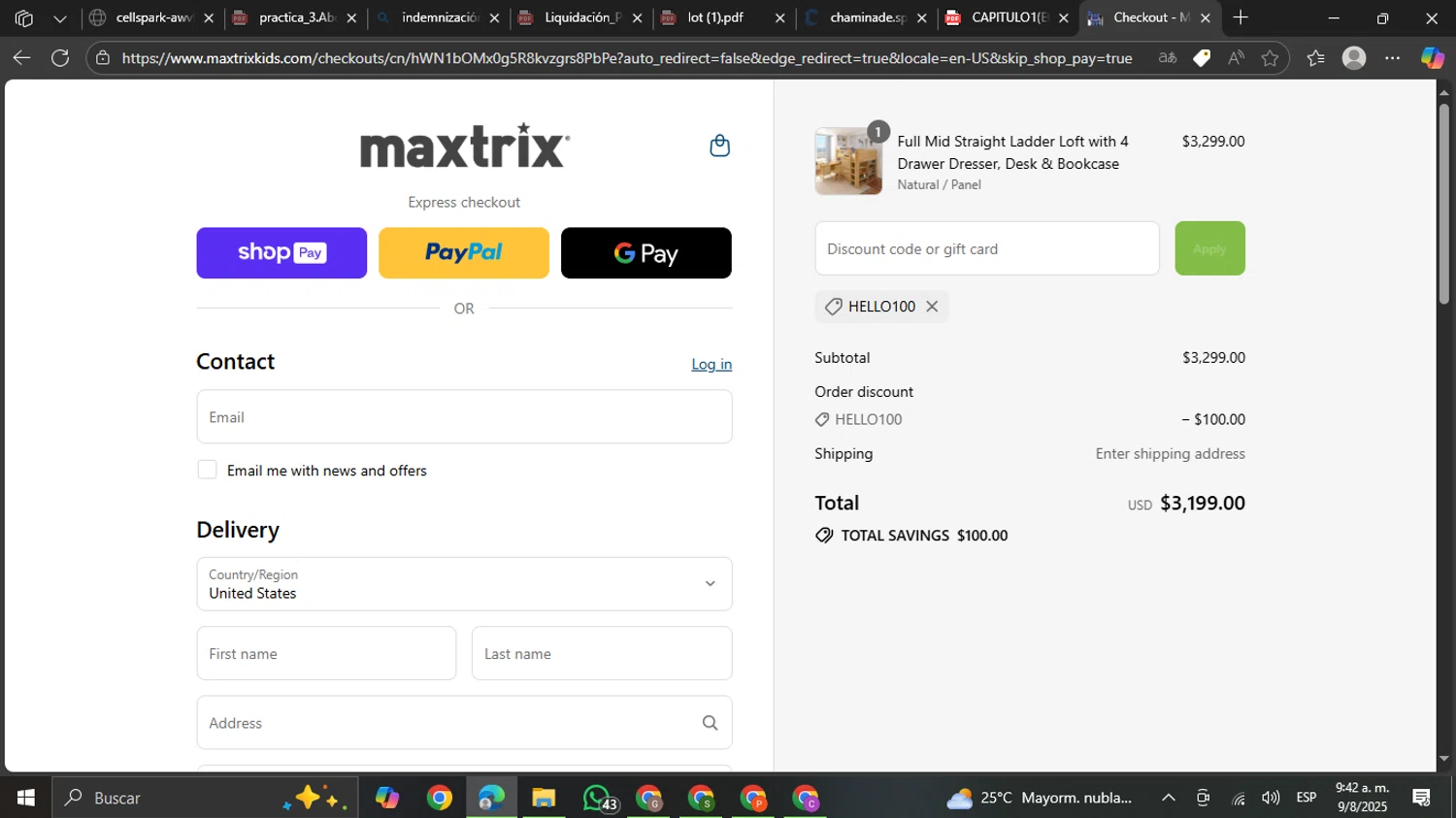 Maxtrix Furniture discount code screenshot showing code HELLO100 applied at Maxtrix Furniture checkout page. Uploaded by SimplyCodes community member BrilliantTracker4207 on Aug 9, 2025