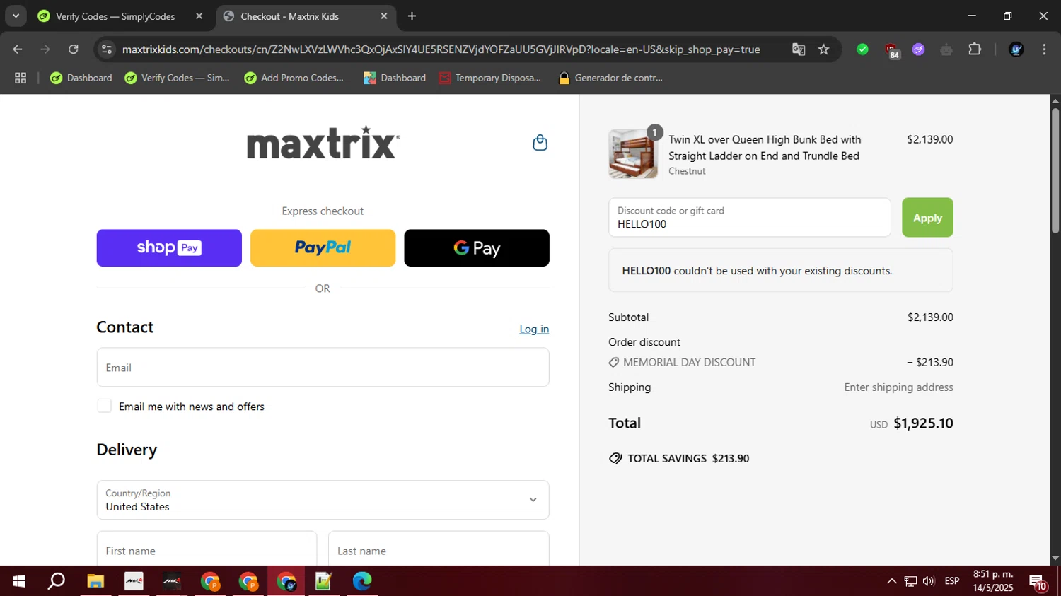 Maxtrix Furniture discount code screenshot showing code HELLO100 applied at Maxtrix Furniture checkout page. Uploaded by SimplyCodes community member BudgetOwl2519 on May 15, 2025