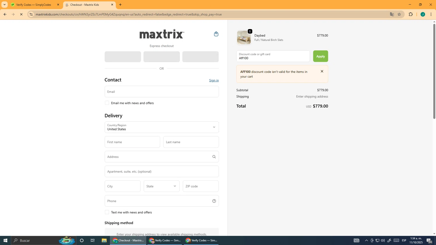 Maxtrix Furniture discount code screenshot showing code Aff100 applied at Maxtrix Furniture checkout page. Uploaded by SimplyCodes community member DealScout5970 on Oct 11, 2025