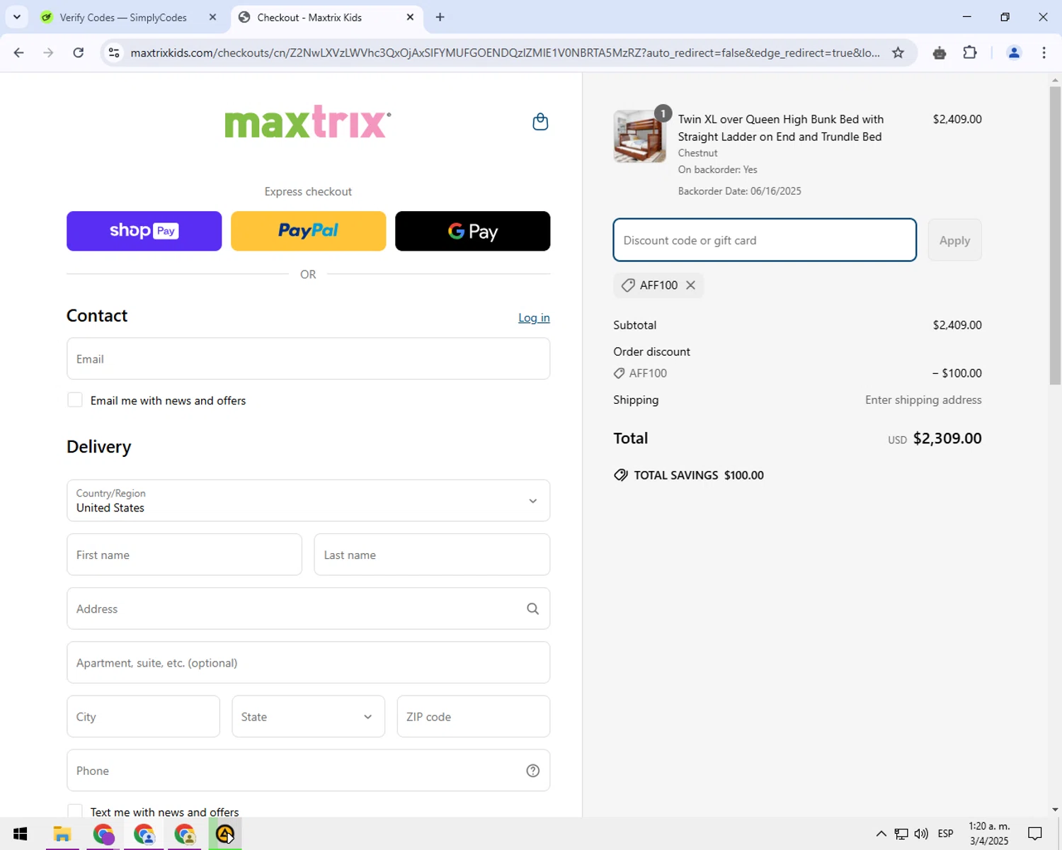 Maxtrix Furniture discount code screenshot showing code Aff100 applied at Maxtrix Furniture checkout page. Uploaded by SimplyCodes community member balance888 on Apr 3, 2025