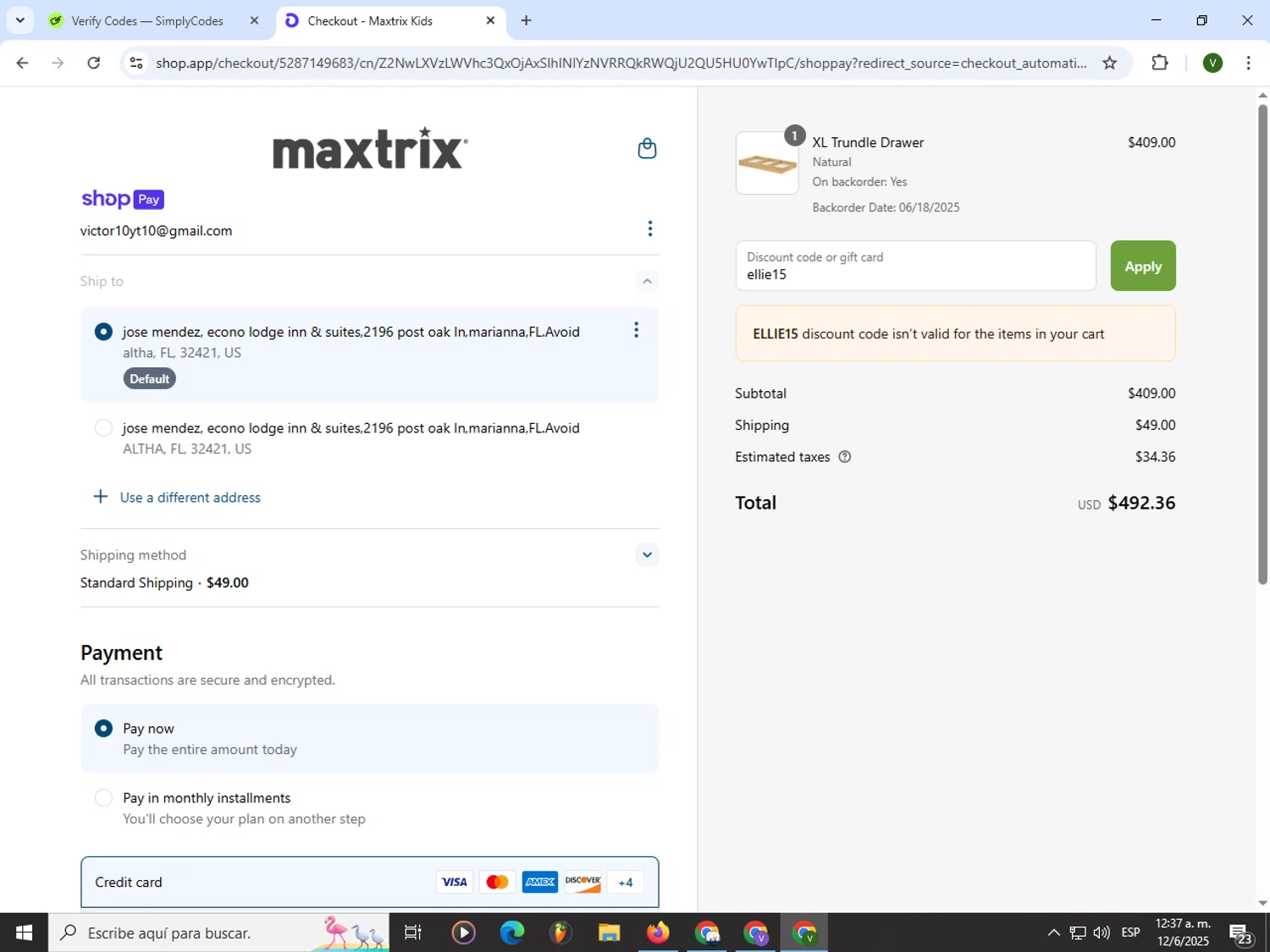 Maxtrix Furniture discount code screenshot showing code ellie15 applied at Maxtrix Furniture checkout page. Uploaded by SimplyCodes community member PrimeWizard4168 on Jun 12, 2025