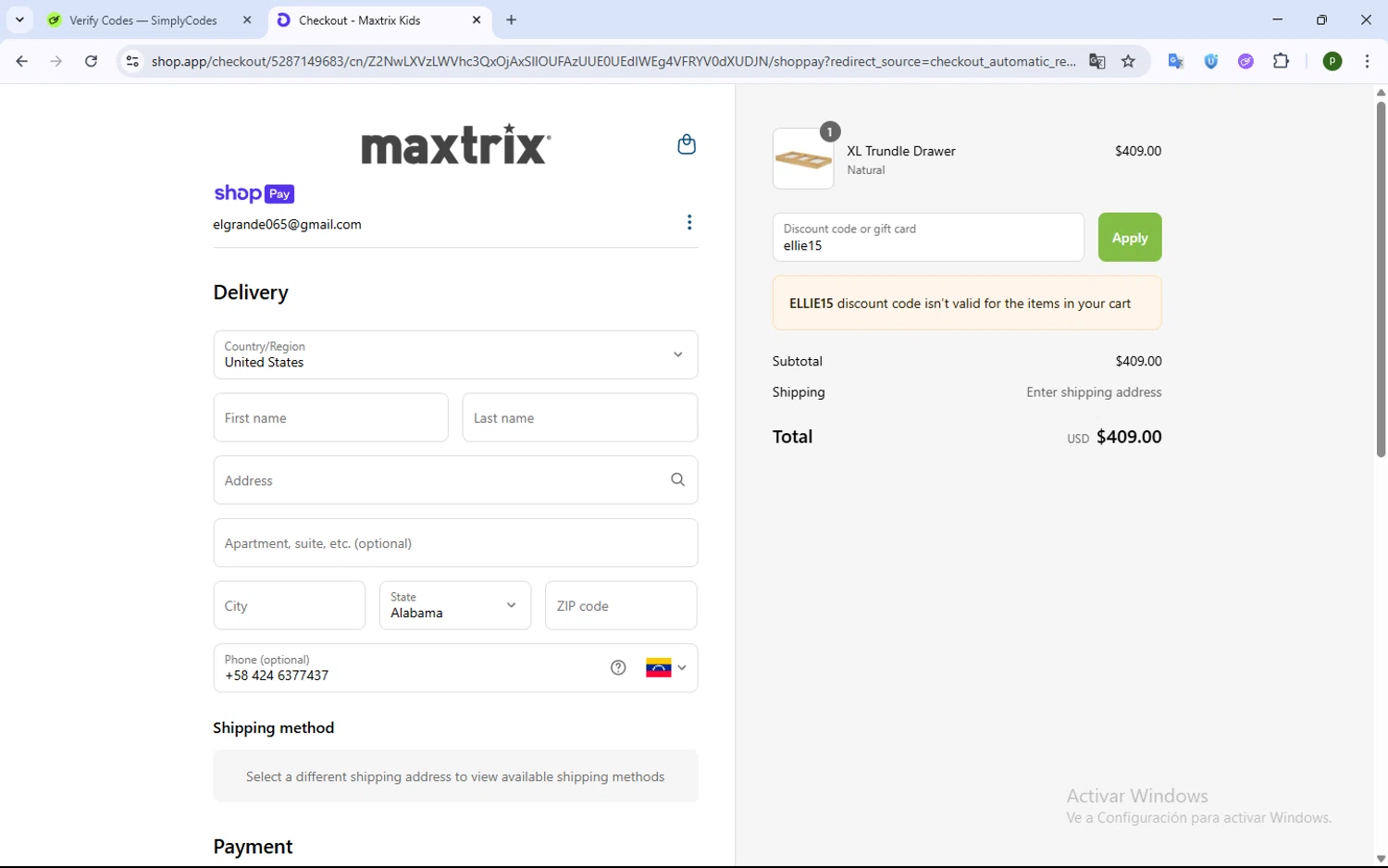 Maxtrix Furniture discount code screenshot showing code ellie15 applied at Maxtrix Furniture checkout page. Uploaded by SimplyCodes community member WonderWarden4709 on Jun 26, 2025