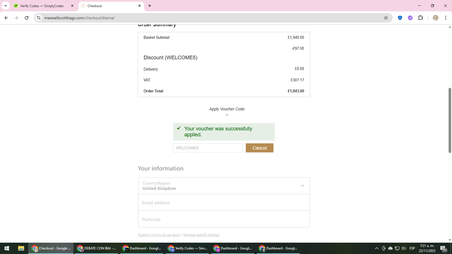 Maxwell Scott promo code screenshot showing code WELCOME5 applied at Maxwell Scott checkout page. Uploaded by SimplyCodes community member NobleScholar4826 on Nov 22, 2025