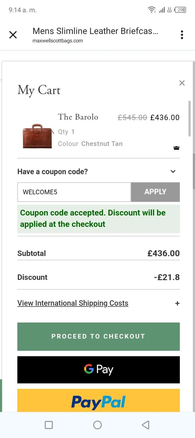 Maxwell Scott promo code screenshot showing code WELCOME5 applied at Maxwell Scott checkout page. Uploaded by SimplyCodes community member tumiedo on Dec 25, 2025