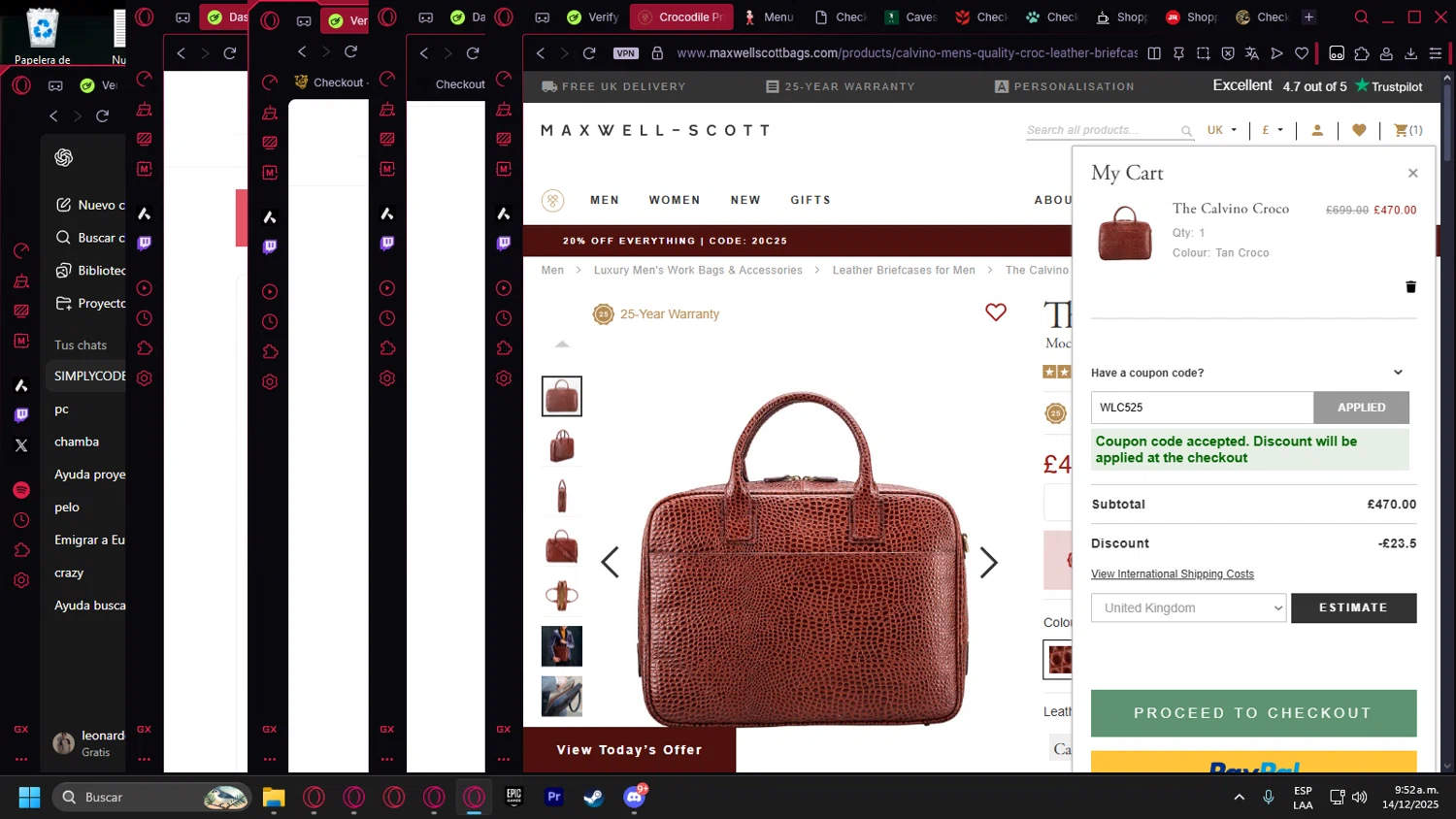 Maxwell Scott promo code screenshot showing code WLC525 applied at Maxwell Scott checkout page. Uploaded by SimplyCodes community member Handivlak on Dec 14, 2025