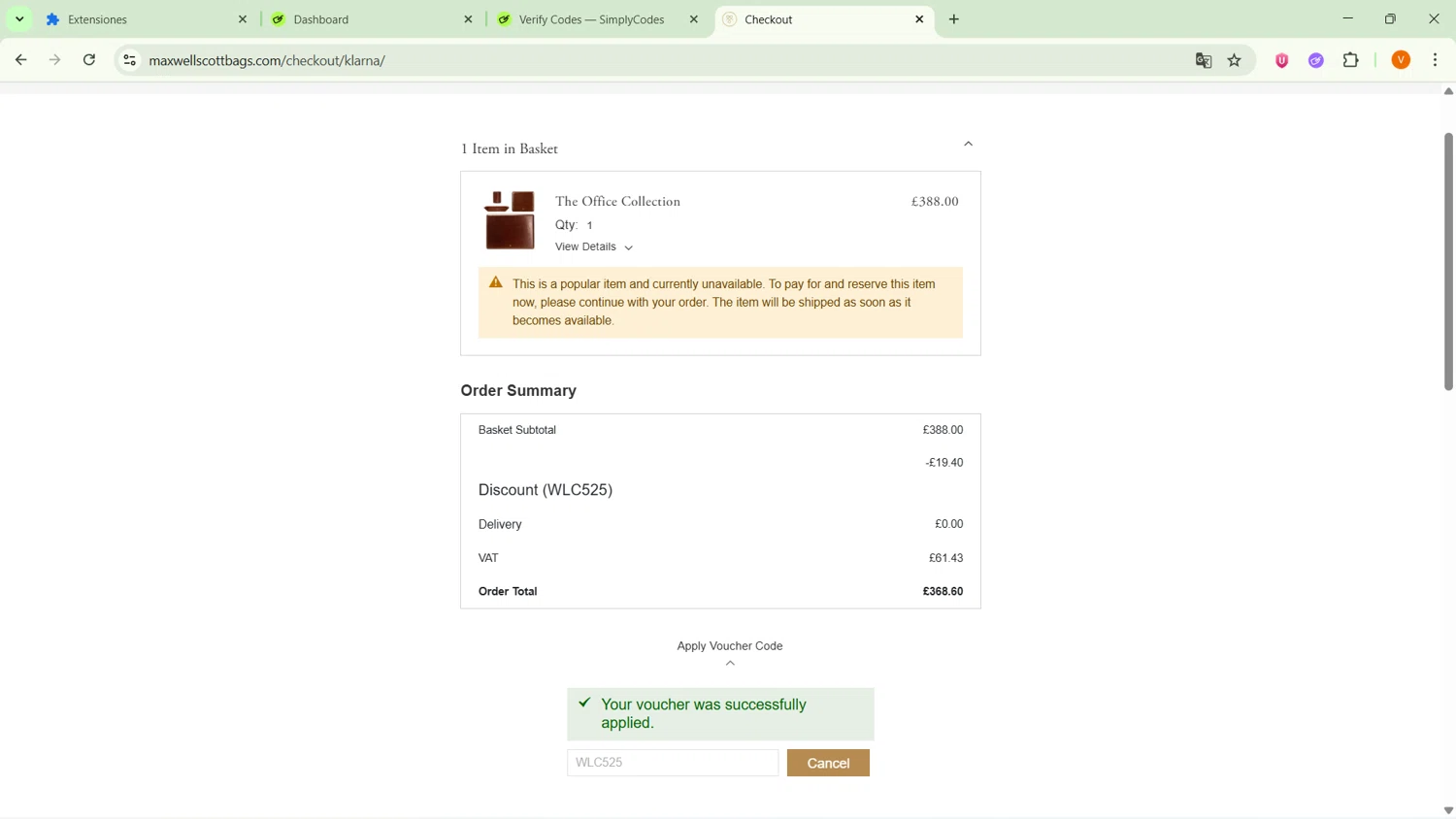 Maxwell Scott promo code screenshot showing code WLC525 applied at Maxwell Scott checkout page. Uploaded by SimplyCodes community member RebateSaver5991 on Nov 11, 2025