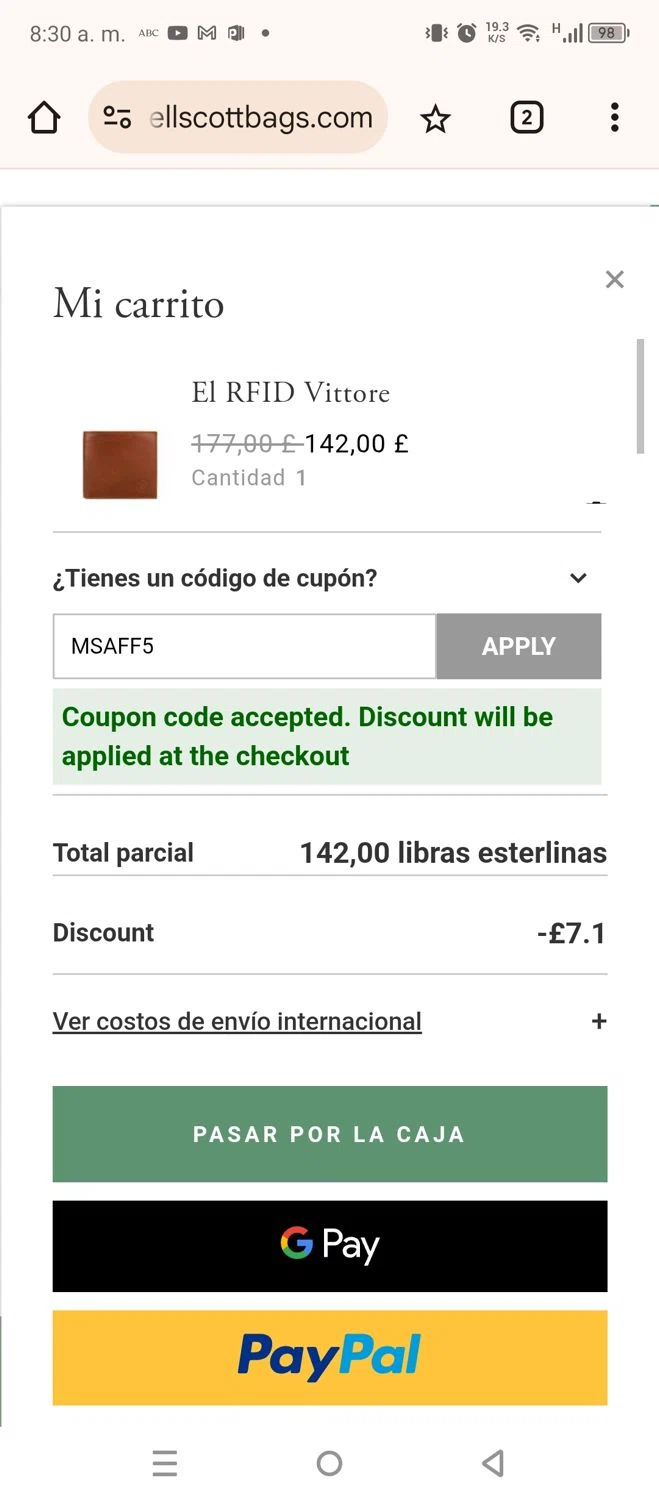Maxwell Scott promo code screenshot showing code MSAFF5 applied at Maxwell Scott checkout page. Uploaded by SimplyCodes community member 220919 on Nov 16, 2025