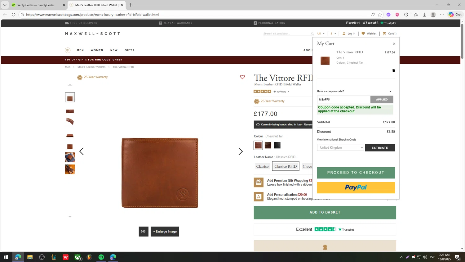 Maxwell Scott promo code screenshot showing code MSAFF5 applied at Maxwell Scott checkout page. Uploaded by SimplyCodes community member fjkdjkldsf on Dec 8, 2025