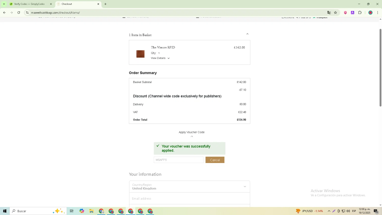 Maxwell Scott promo code screenshot showing code MSAFF5 applied at Maxwell Scott checkout page. Uploaded by SimplyCodes community member William_Jones on Dec 19, 2025