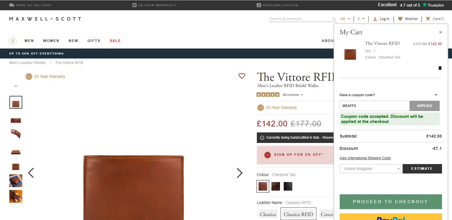 Maxwell Scott checkout page showing Maxwell Scott promo code box | Screenshot taken by SimplyCodes community member on Jan 20, 2026